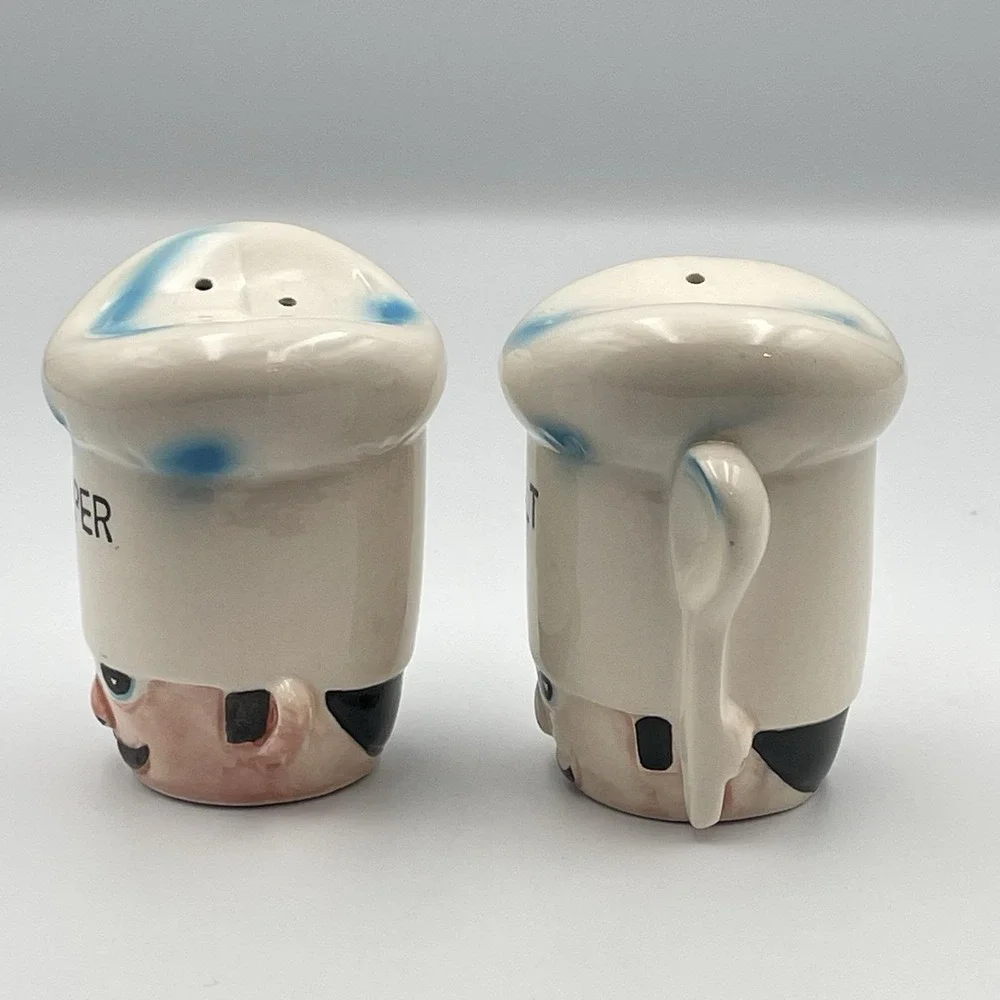 Vintage Chef Head Hat Salt and Pepper Shakers Fork Spoon‎ Large Japan Mustache